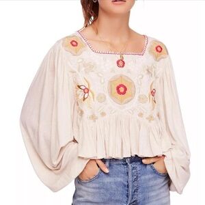Free People Cream Blouse with Floral Embroidery
